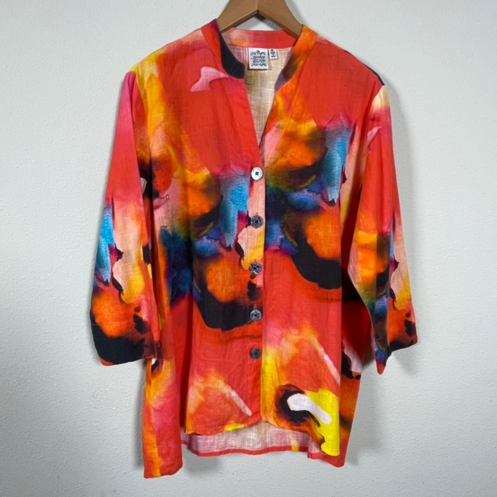 Parsley & Sage Abstract Watercolor Cotton‎ Blouse Womens XL Coastal Art to Wear